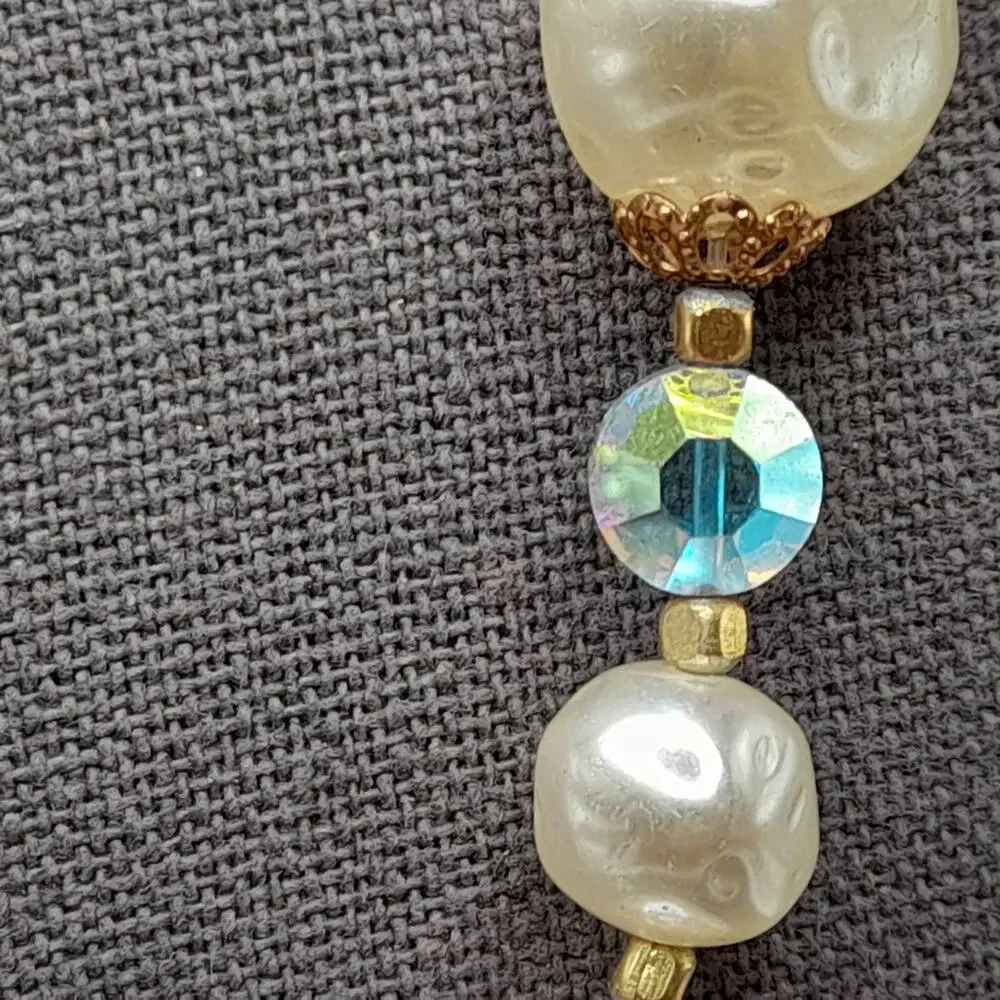 Vintage Faux Pearl Tassel Necklace, Aurora Borealis Crystals, 26